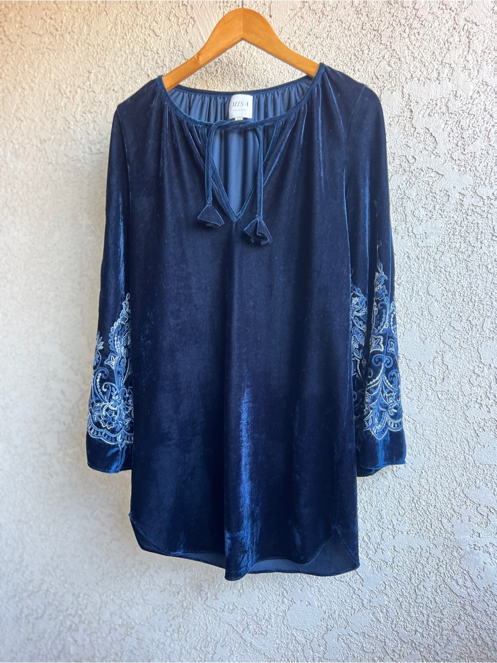 Misa Los Angeles Navy Velvet Tie-Front Tunic with Embroidered Sleeves